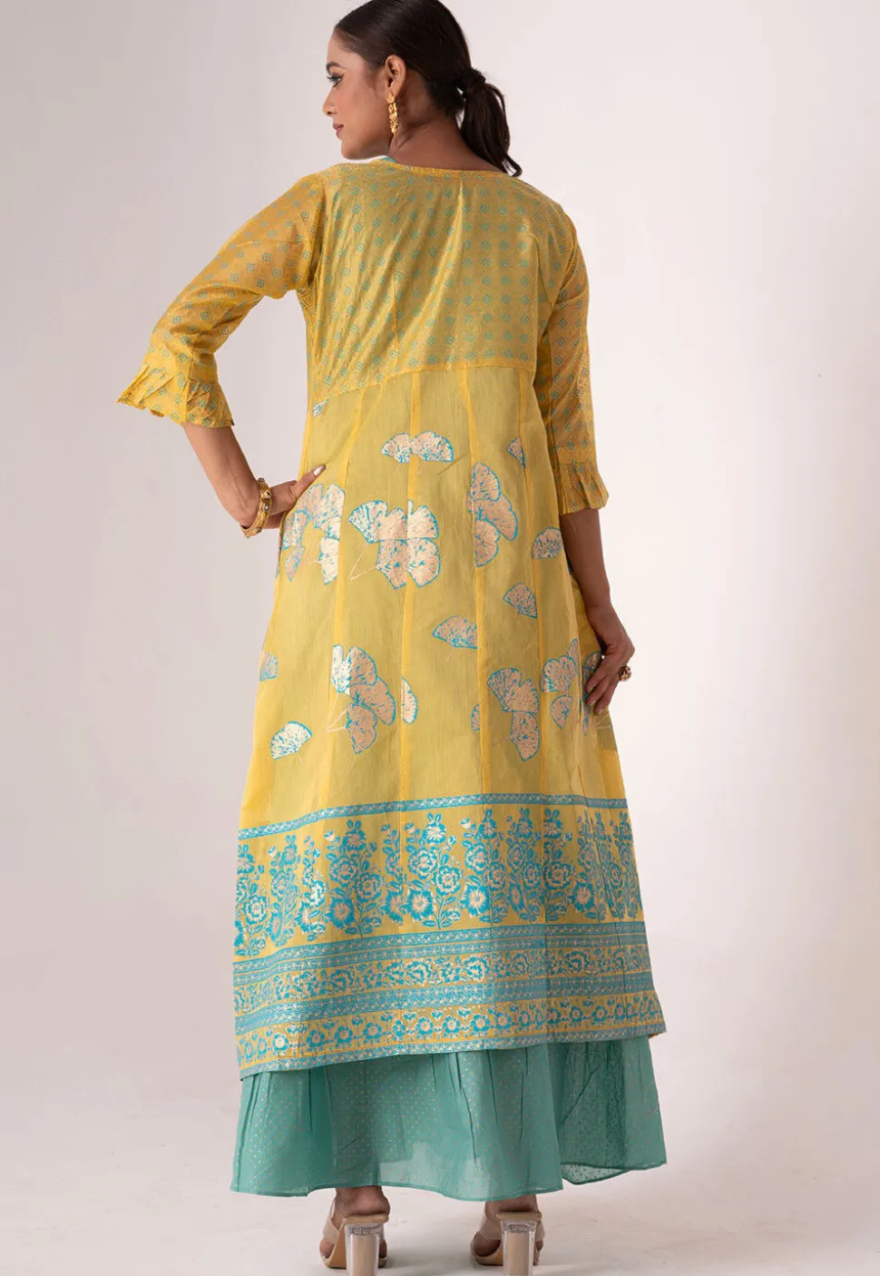 Foil Printed Art Silk Maxi Dress in Sea Green
