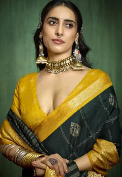 Foil Printed Art Silk Saree in Dark Green