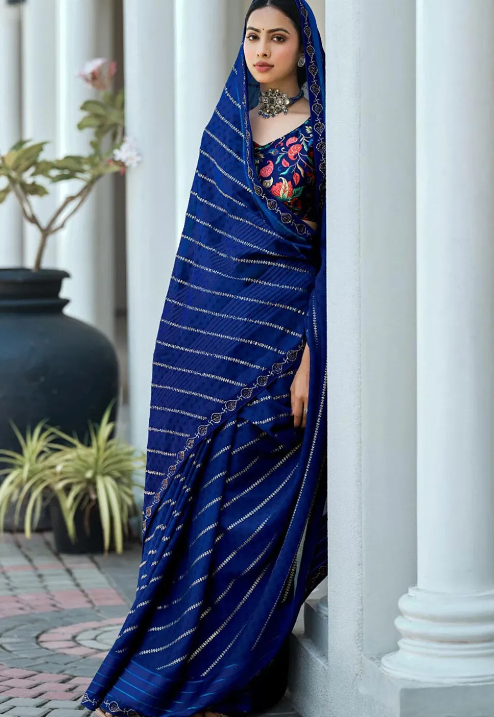 Foil Printed Art Silk Saree in Blue