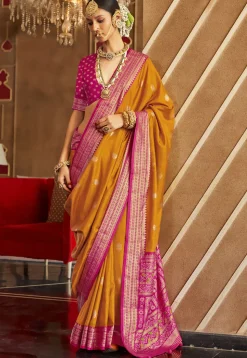 Foil Printed Art Silk Saree in Mustard