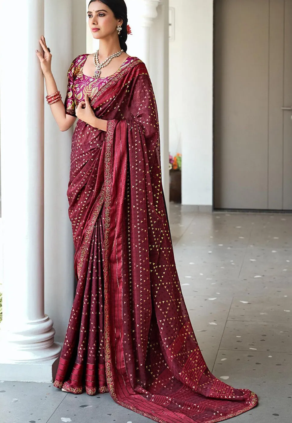 Foil Printed Art Silk Saree in Purple