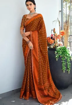 Foil Printed Art Silk Saree in Rust