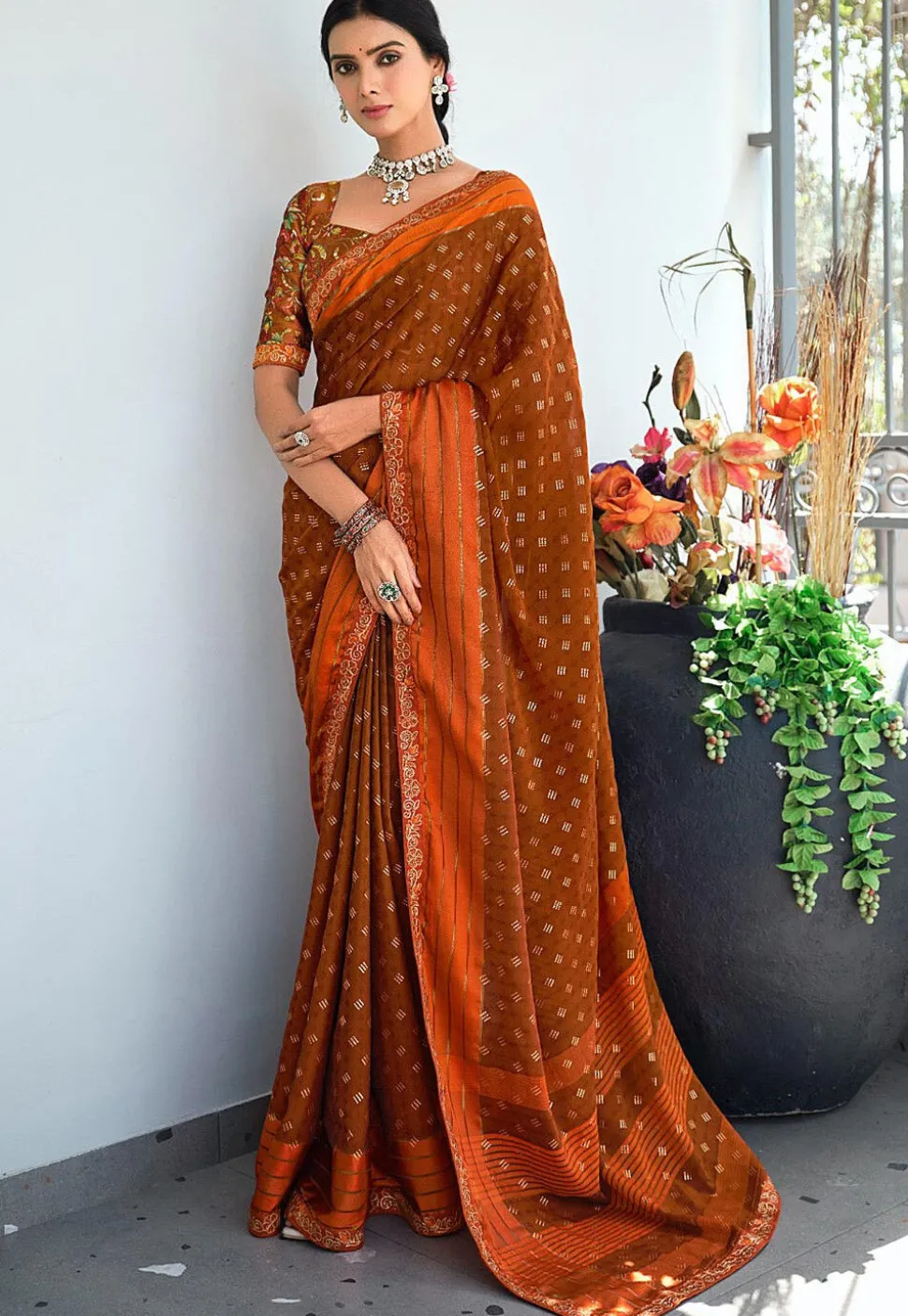 Foil Printed Art Silk Saree in Rust