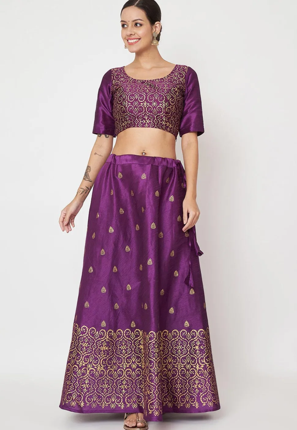 Foil Printed Art Silk Skirt in Violet