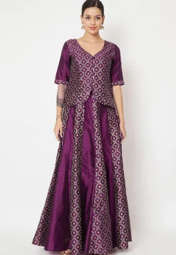 Foil Printed Art Silk Skirt in Violet