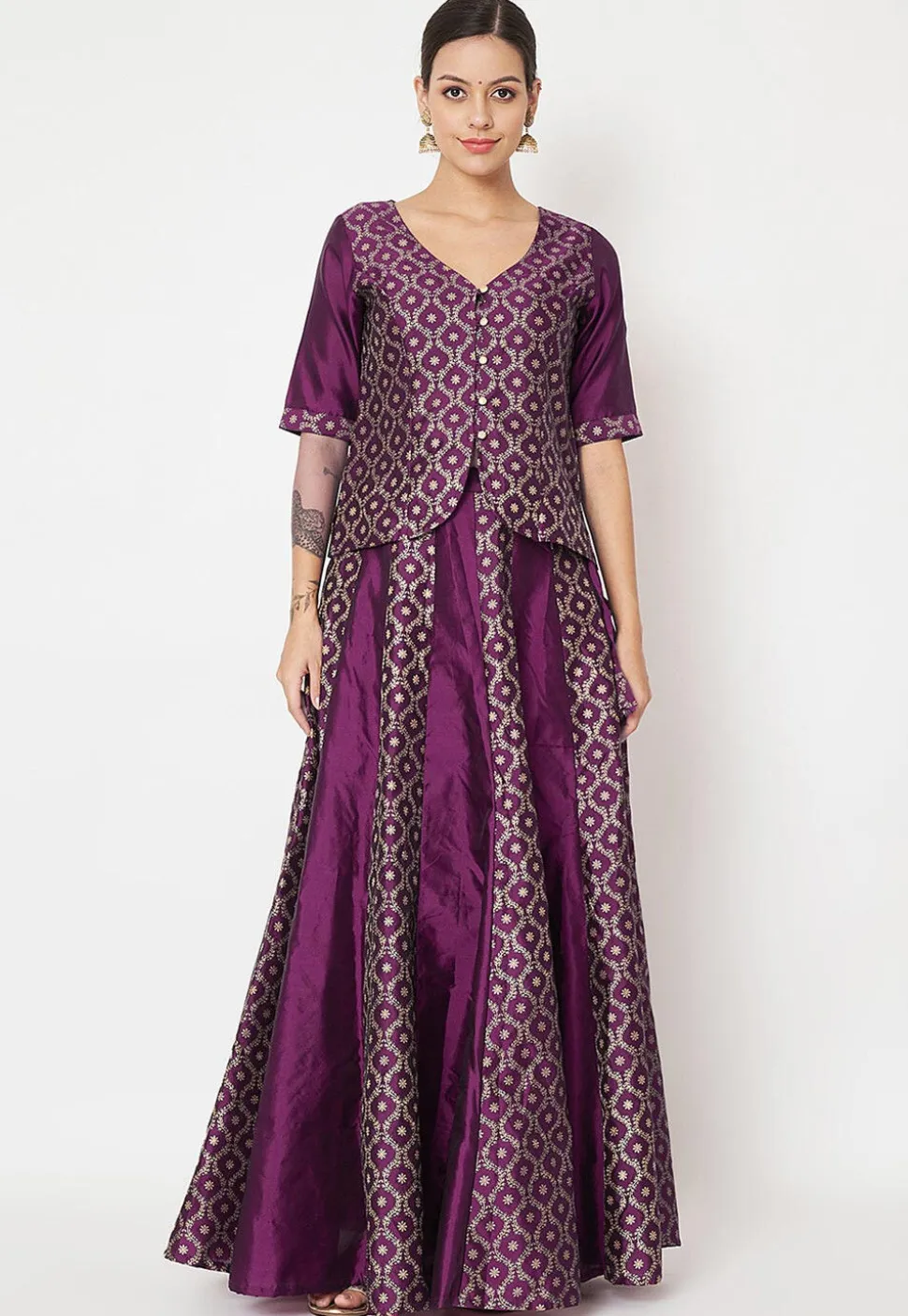 Foil Printed Art Silk Skirt in Violet