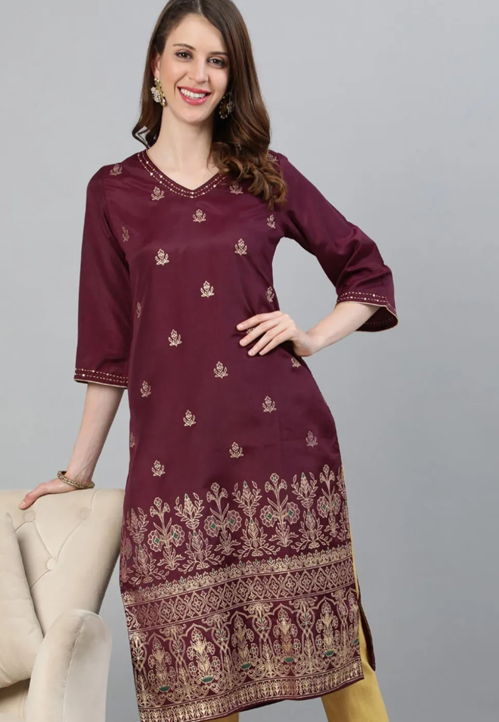 Foil Printed Art Silk Straight Kurta in Wine