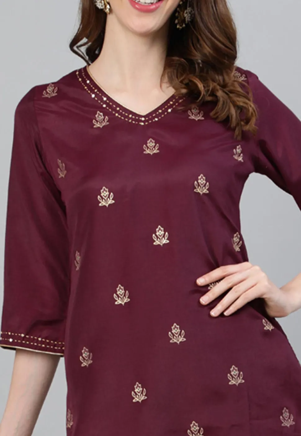 Foil Printed Art Silk Straight Kurta in Wine
