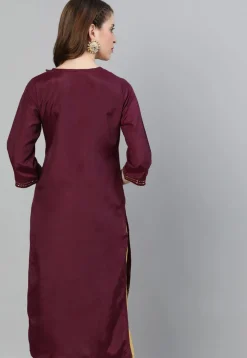 Foil Printed Art Silk Straight Kurta in Wine