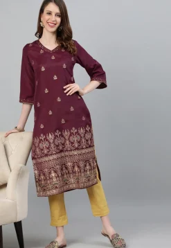 Foil Printed Art Silk Straight Kurta in Wine