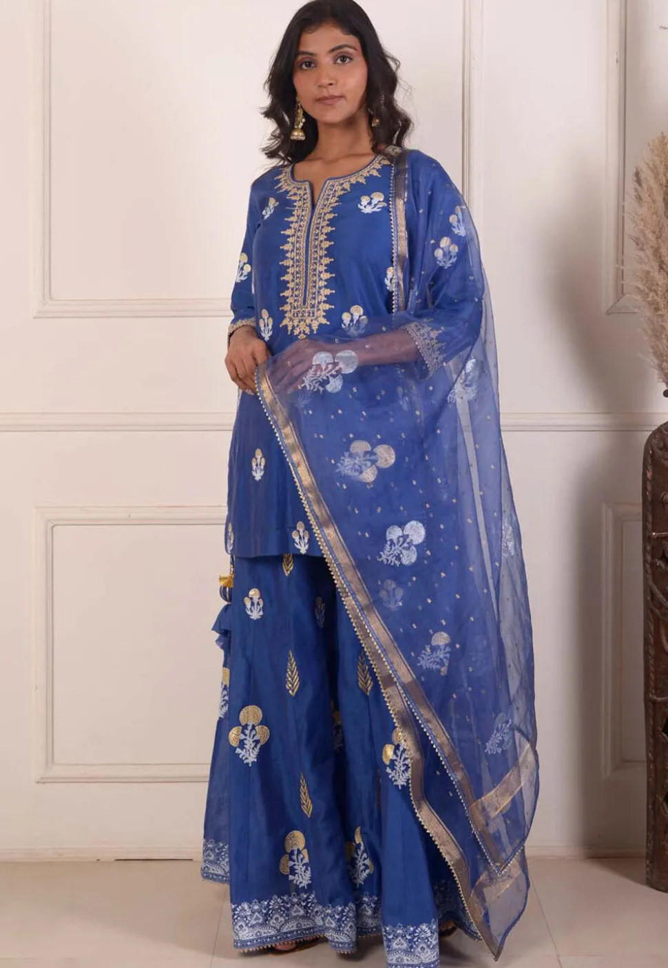 Foil Printed Chanderi Silk Pakistani Suit in Navy Blue