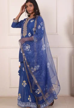 Foil Printed Chanderi Silk Pakistani Suit in Navy Blue