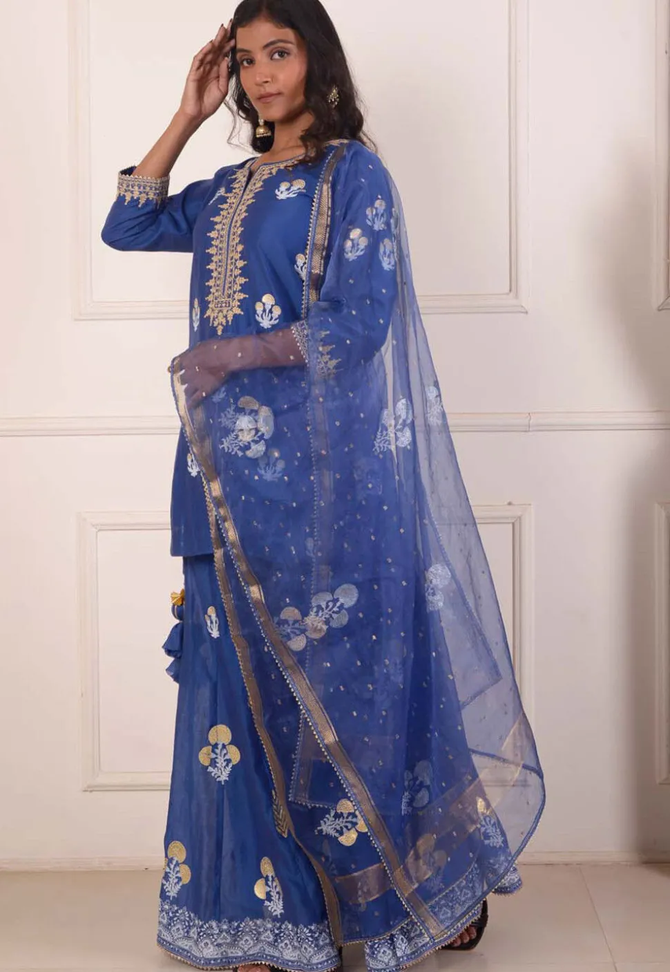 Foil Printed Chanderi Silk Pakistani Suit in Navy Blue