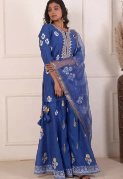Foil Printed Chanderi Silk Pakistani Suit in Navy Blue