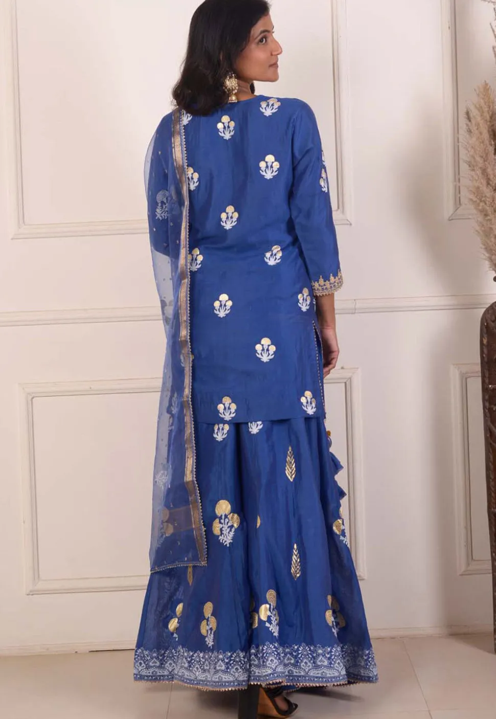 Foil Printed Chanderi Silk Pakistani Suit in Navy Blue