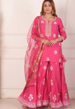 Foil Printed Chanderi Silk Pakistani Suit in Pink