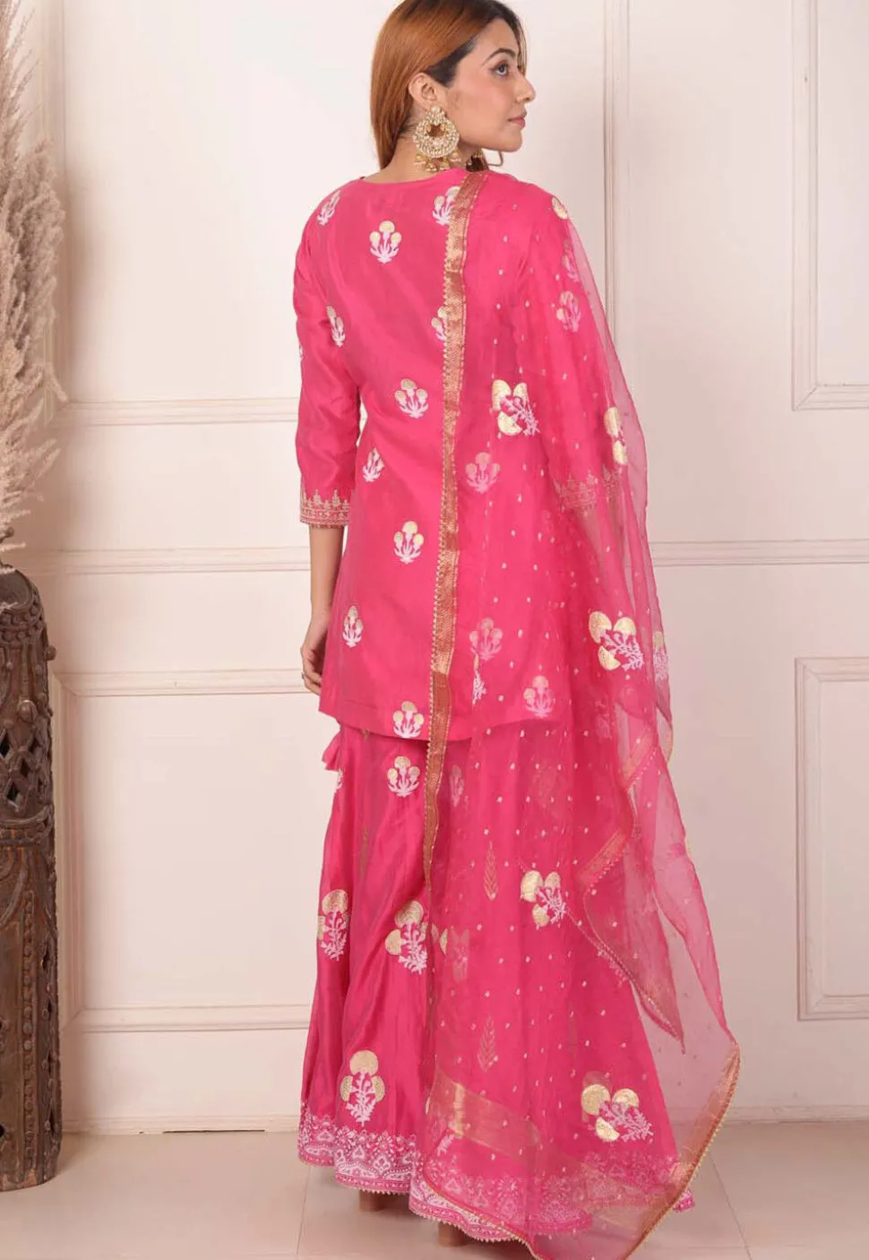 Foil Printed Chanderi Silk Pakistani Suit in Pink