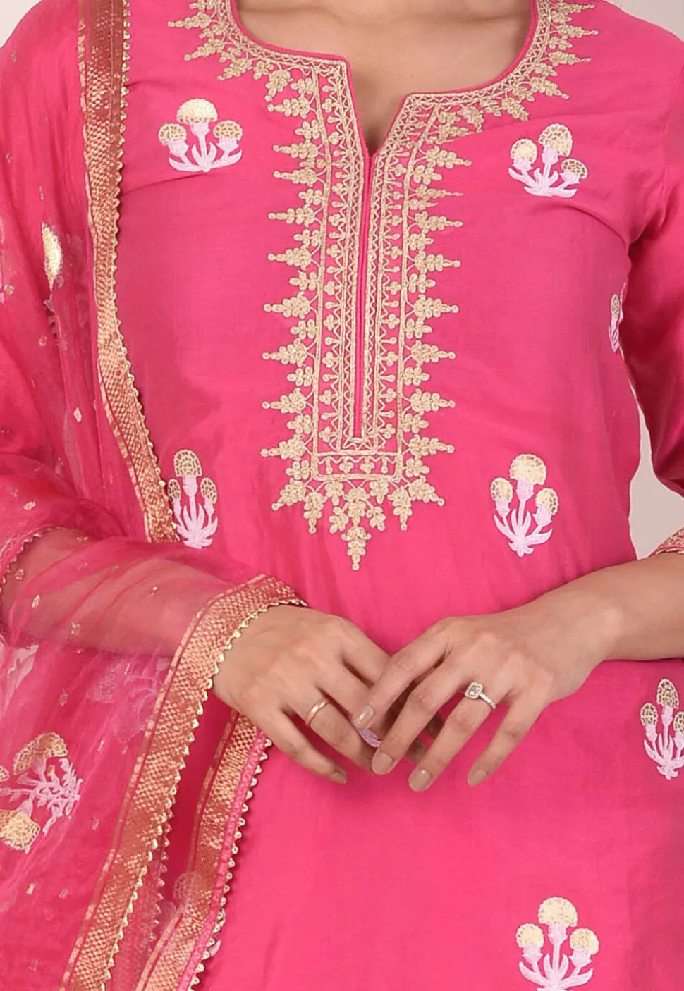 Foil Printed Chanderi Silk Pakistani Suit in Pink