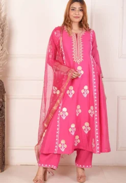 Foil Printed Chanderi Silk Aline Suit in Pink