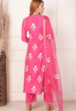 Foil Printed Chanderi Silk Aline Suit in Pink