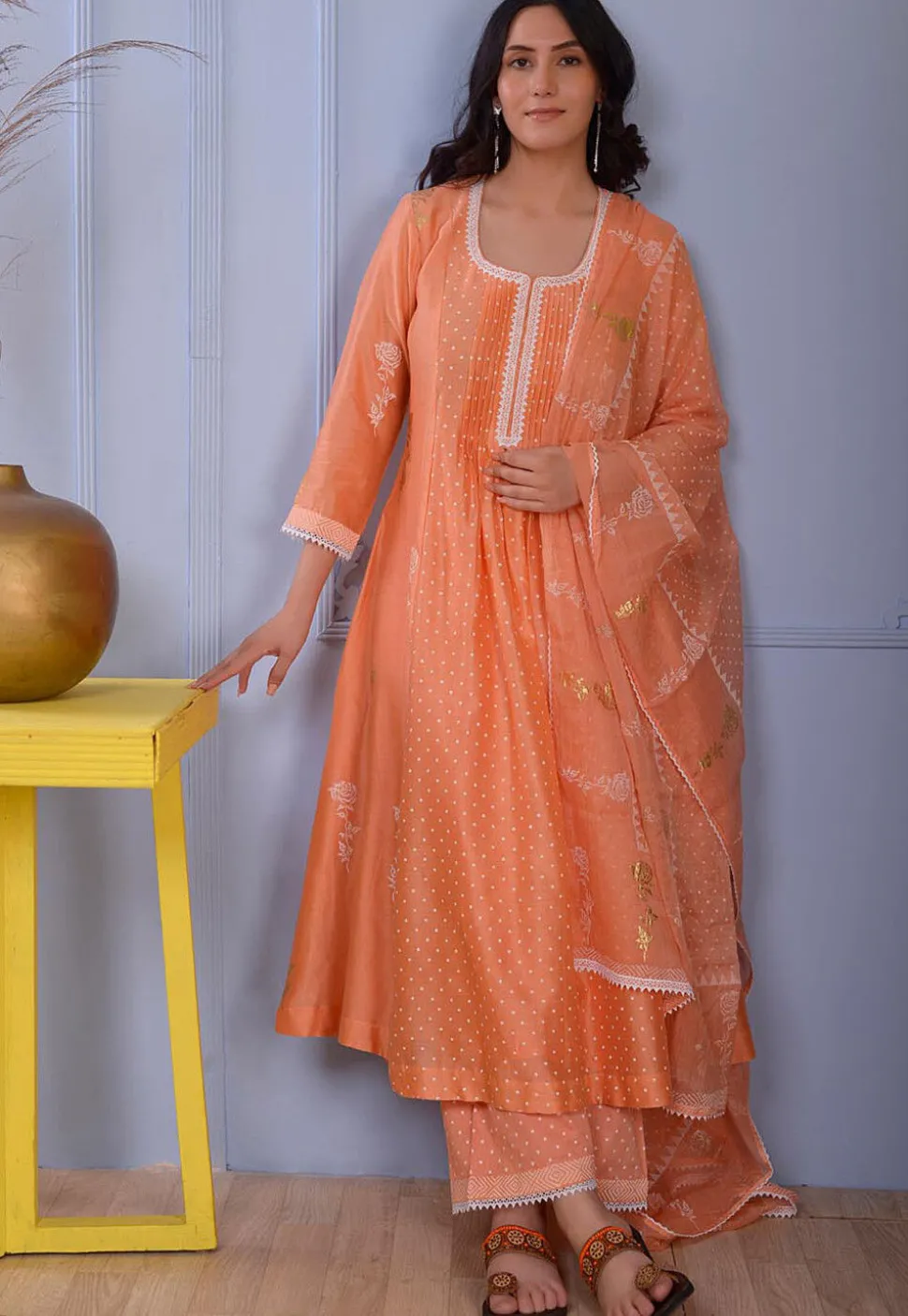 Foil Printed Chanderi Silk Pakistani Suit in Orange