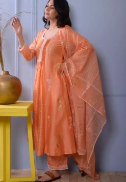 Foil Printed Chanderi Silk Pakistani Suit in Orange