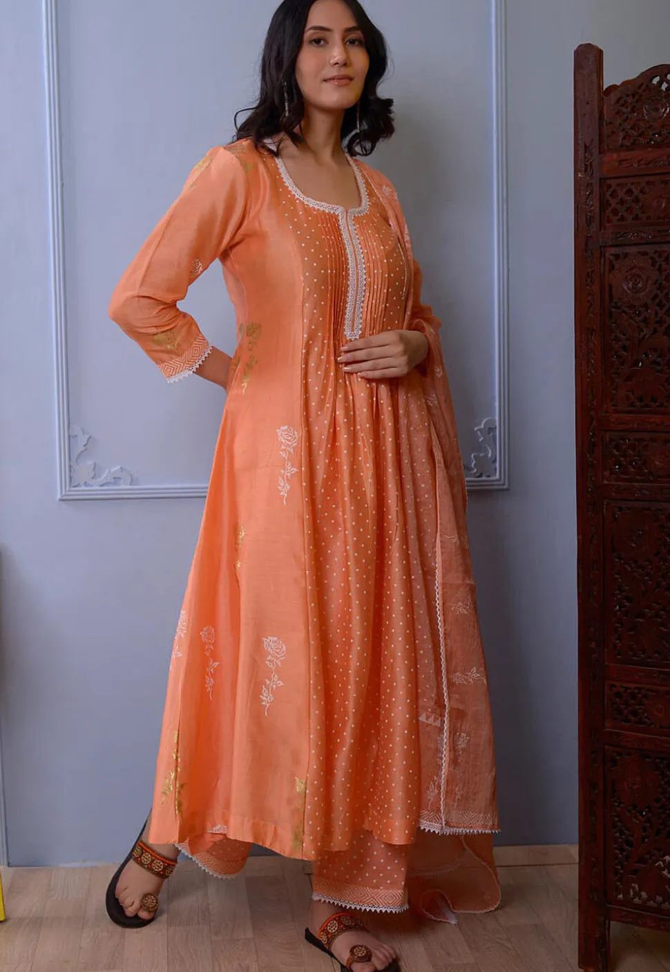 Foil Printed Chanderi Silk Pakistani Suit in Orange