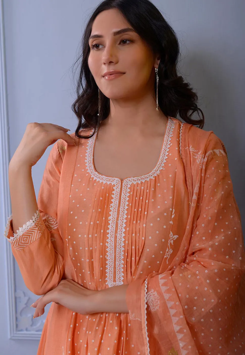 Foil Printed Chanderi Silk Pakistani Suit in Orange