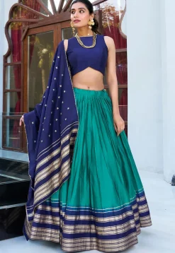 Foil Printed Chanderi Silk Lehenga in Teal Green