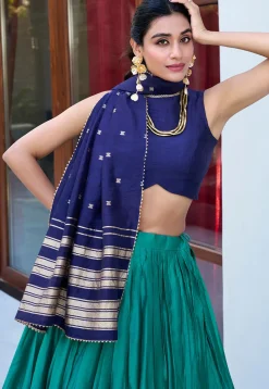 Foil Printed Chanderi Silk Lehenga in Teal Green