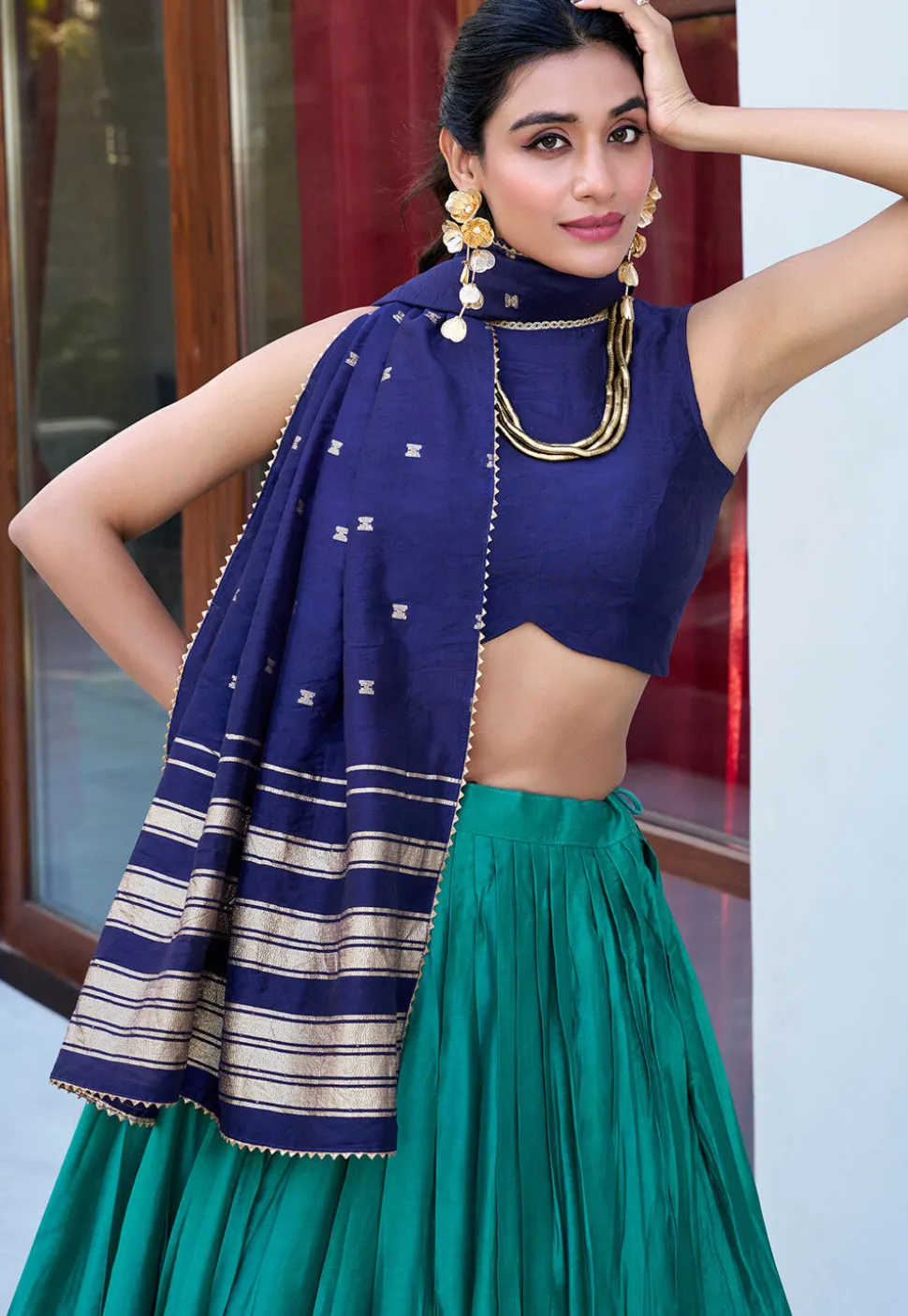 Foil Printed Chanderi Silk Lehenga in Teal Green