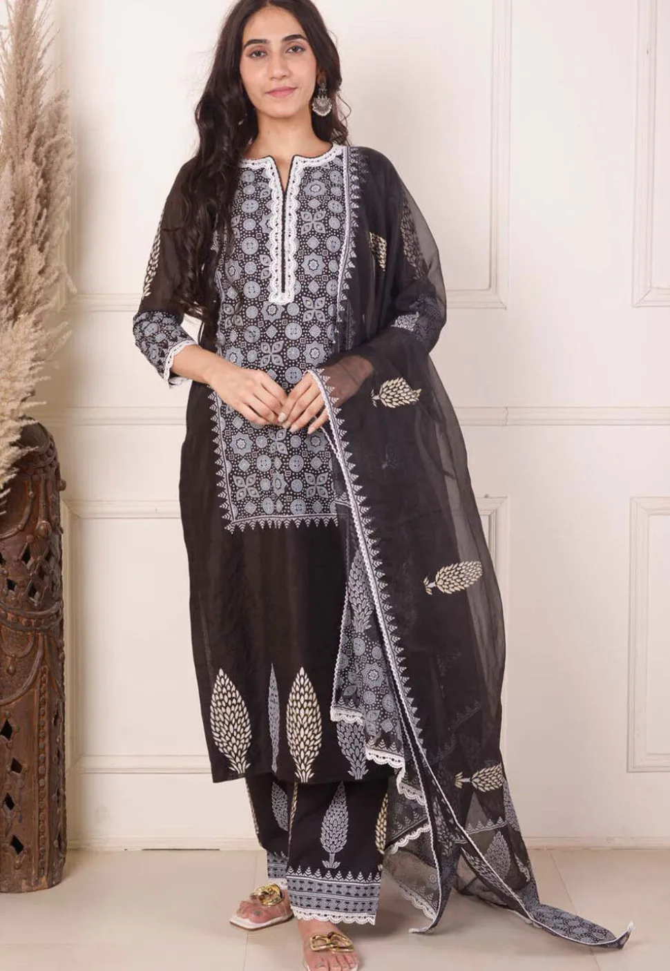 Foil Printed Chanderi Silk Pakistani Suit in Black