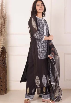 Foil Printed Chanderi Silk Pakistani Suit in Black