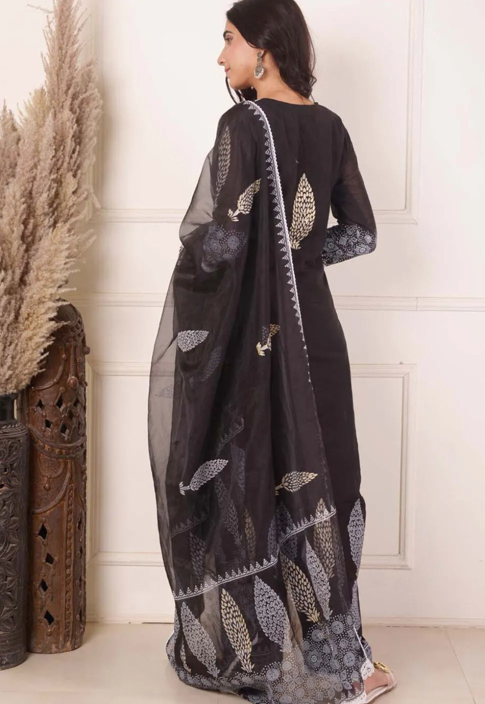 Foil Printed Chanderi Silk Pakistani Suit in Black