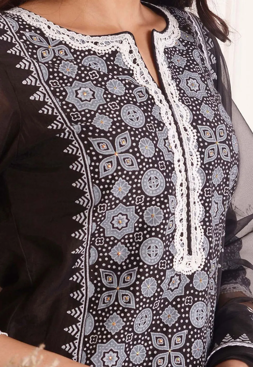 Foil Printed Chanderi Silk Pakistani Suit in Black