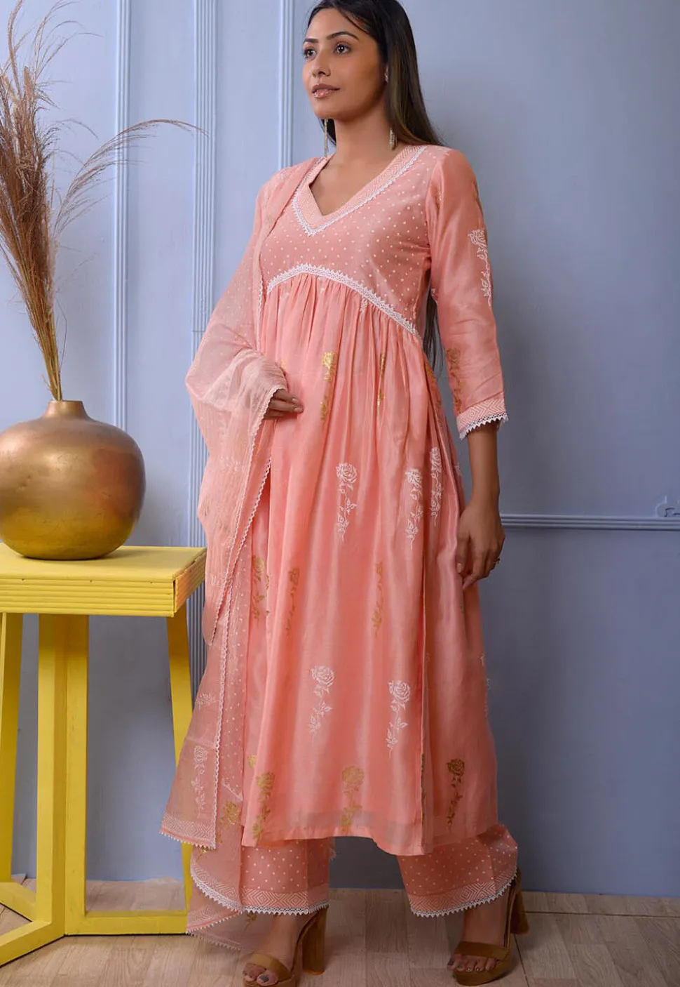 Foil Printed Chanderi Silk Pakistani Suit in Peach