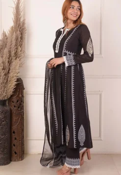 Foil Printed Chanderi Silk Aline Suit in Black