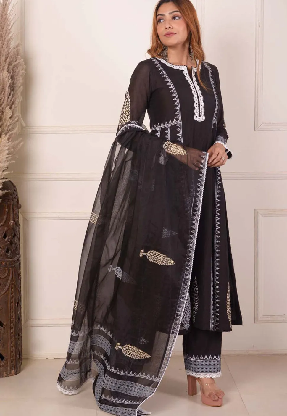 Foil Printed Chanderi Silk Aline Suit in Black