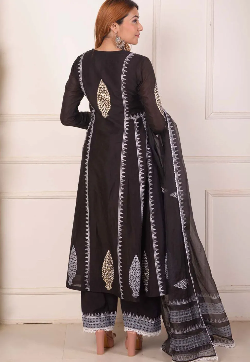 Foil Printed Chanderi Silk Aline Suit in Black