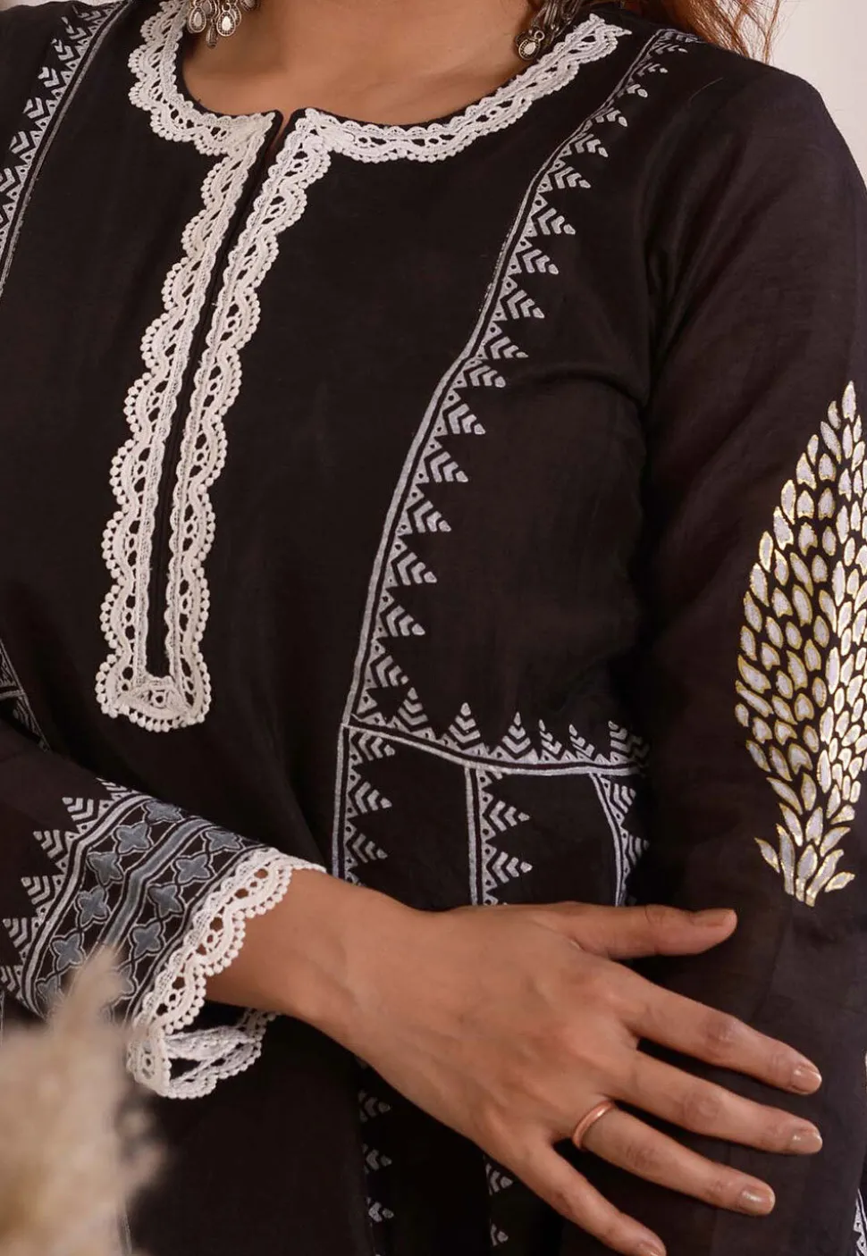 Foil Printed Chanderi Silk Aline Suit in Black