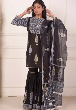 Foil Printed Chanderi Silk Pakistani Suit in Black