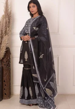 Foil Printed Chanderi Silk Pakistani Suit in Black