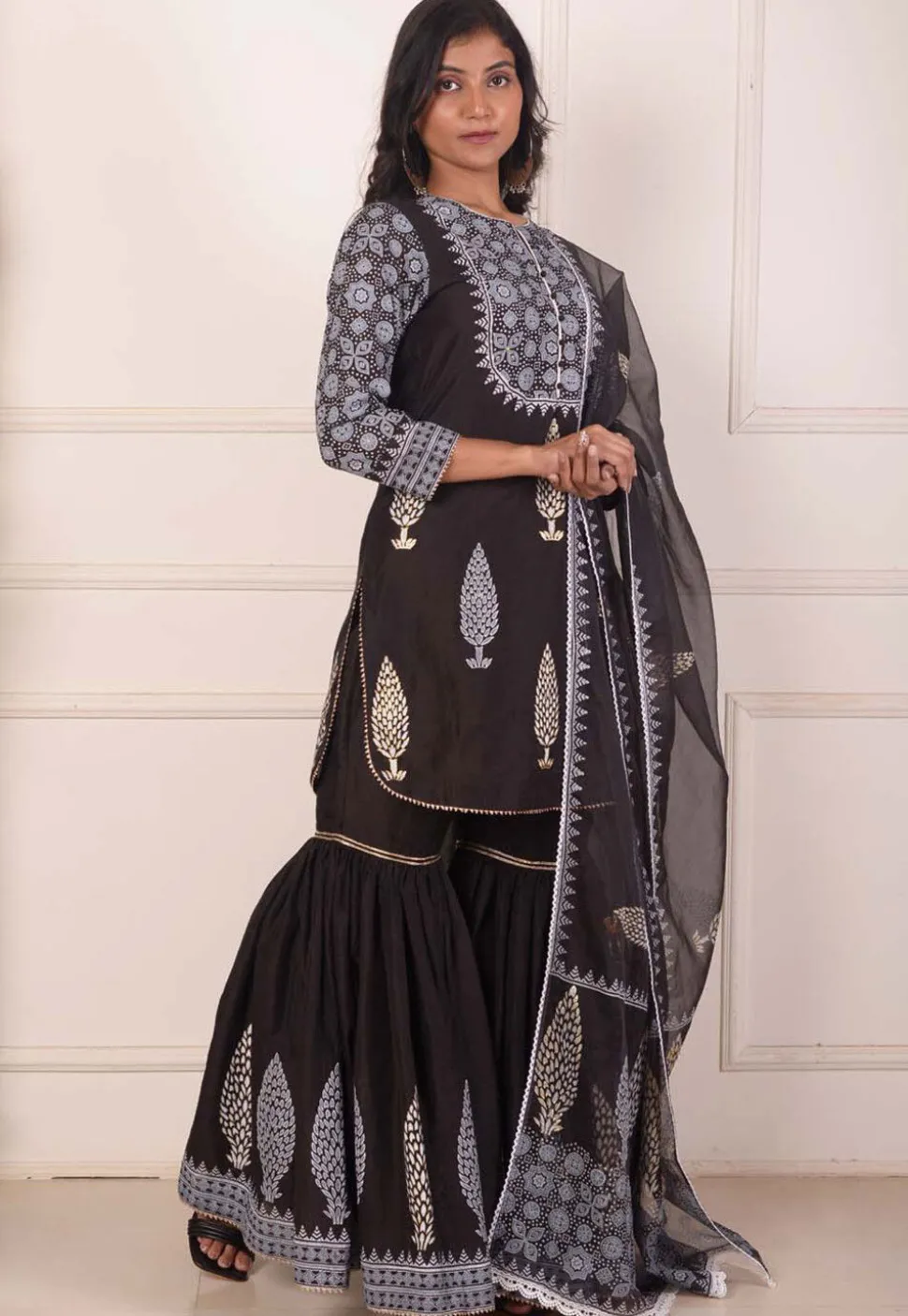 Foil Printed Chanderi Silk Pakistani Suit in Black