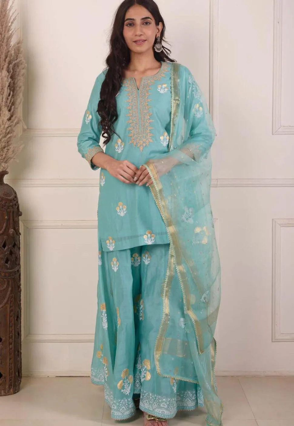 Foil Printed Chanderi Silk Pakistani Suit in Light Teal Blue