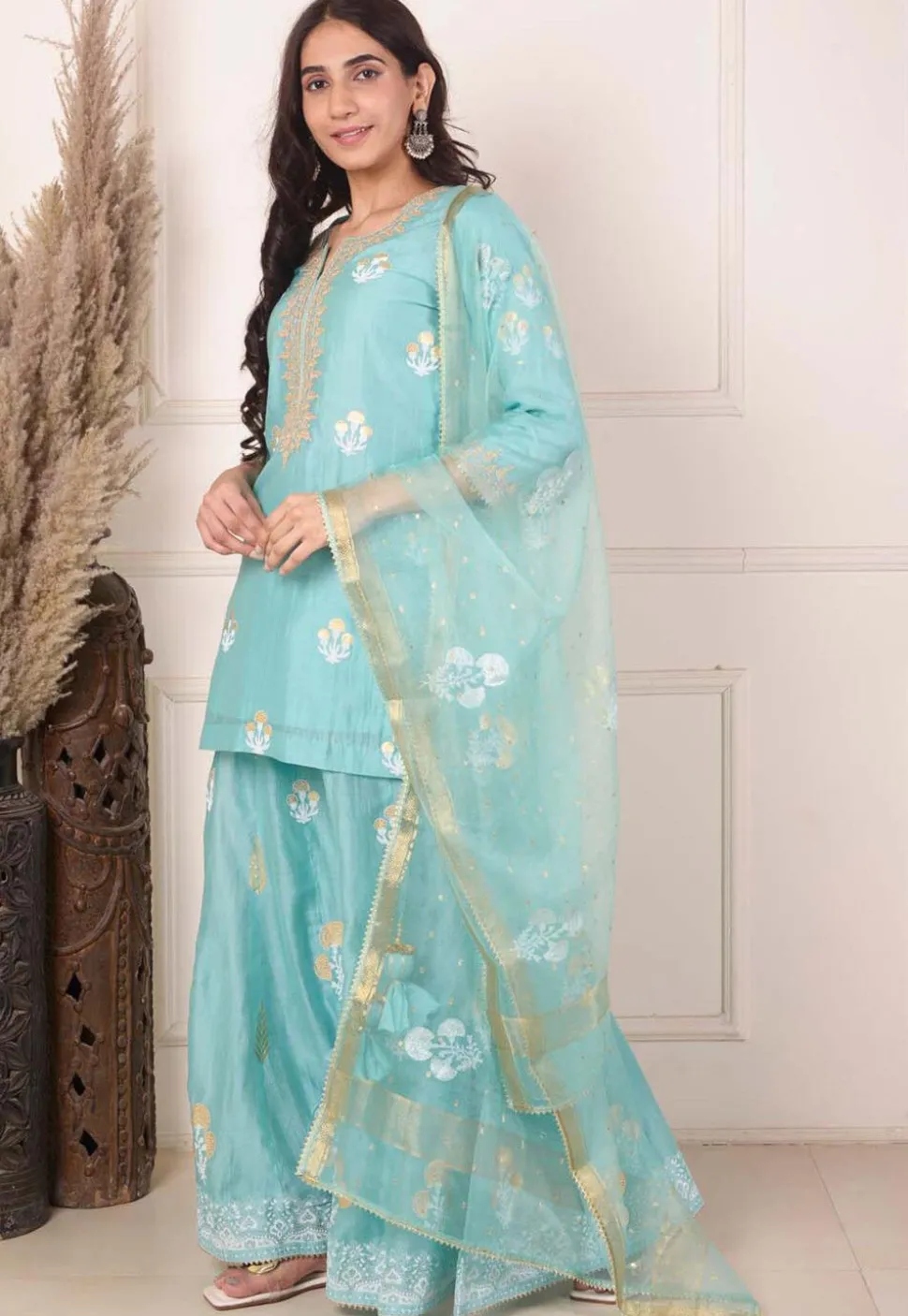 Foil Printed Chanderi Silk Pakistani Suit in Light Teal Blue