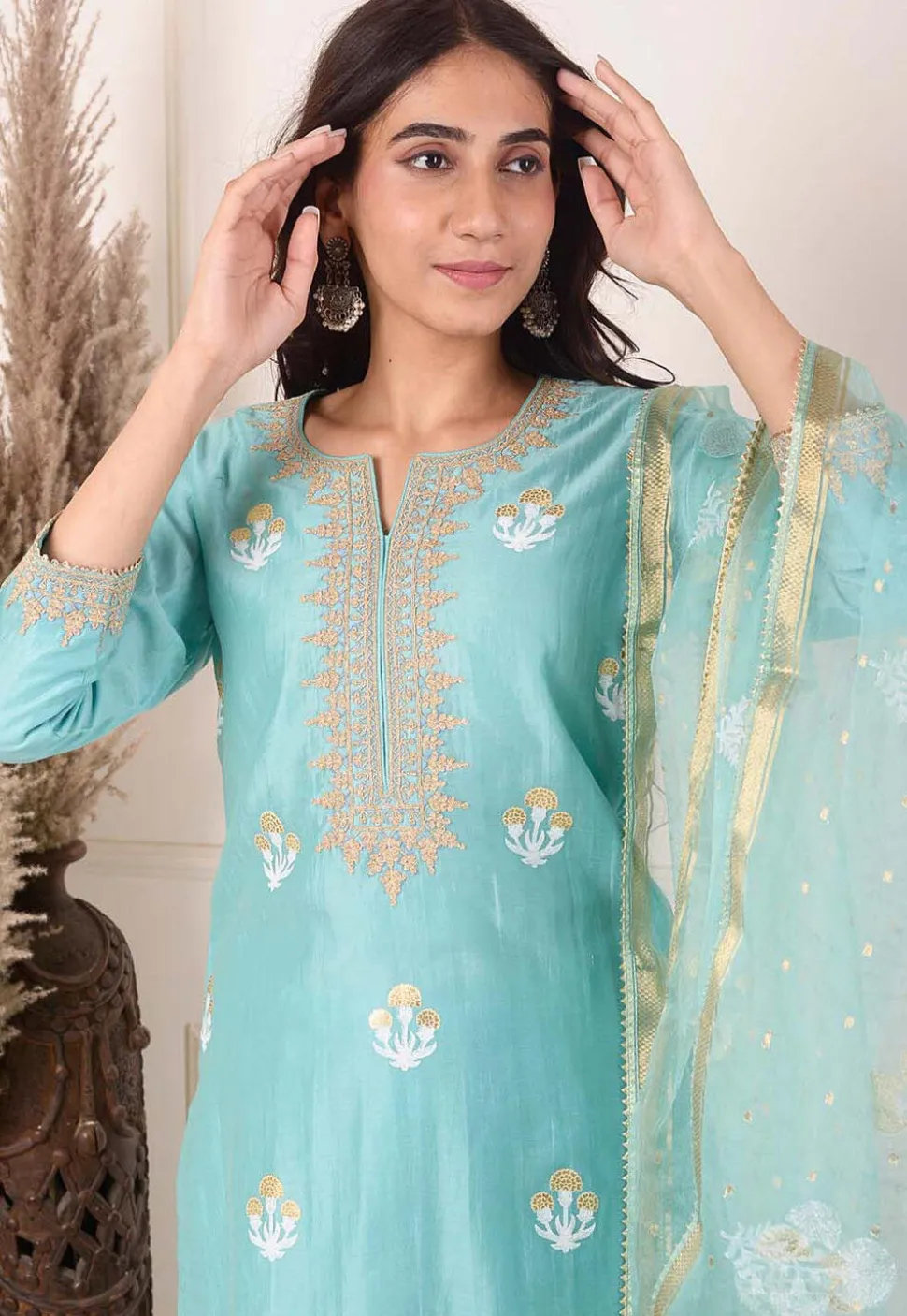Foil Printed Chanderi Silk Pakistani Suit in Light Teal Blue