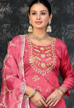 Foil Printed Chanderi Silk Pakistani Suit in Pink