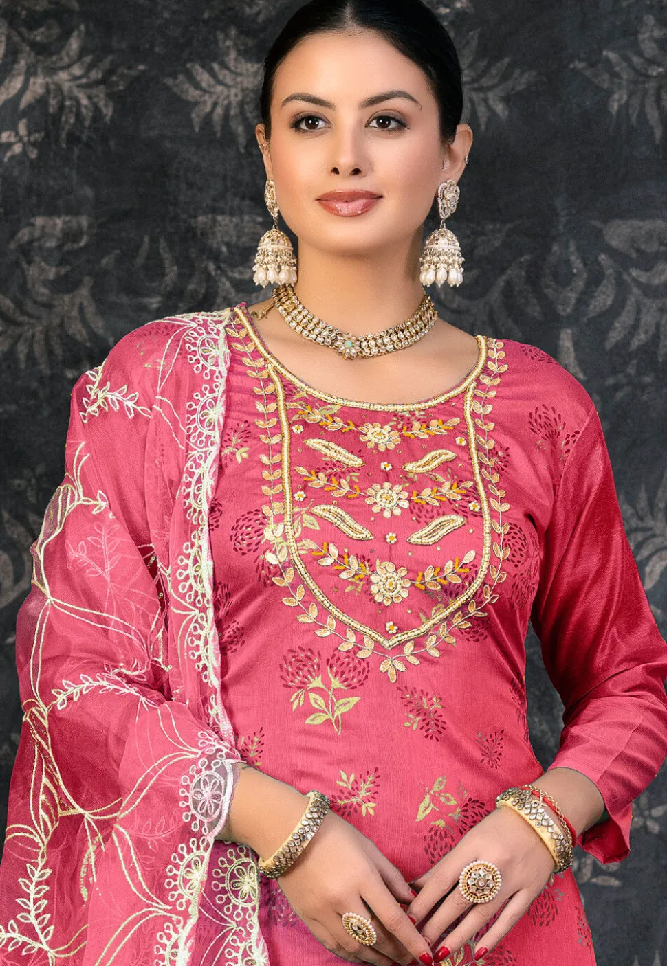 Foil Printed Chanderi Silk Pakistani Suit in Pink