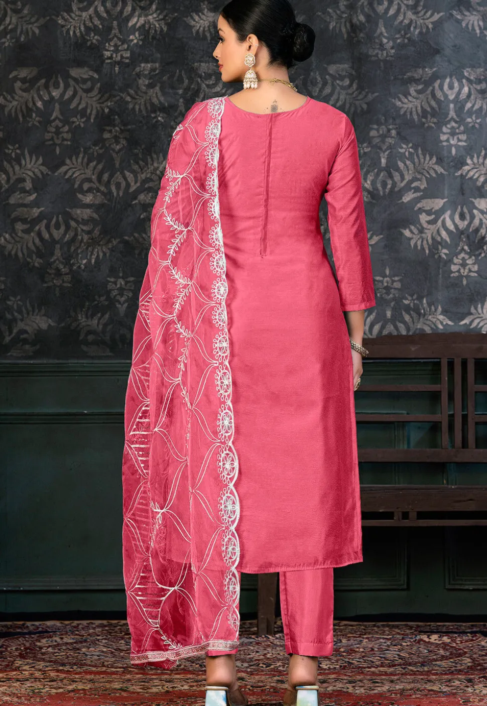 Foil Printed Chanderi Silk Pakistani Suit in Pink