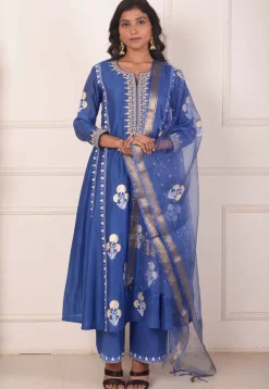 Foil Printed Chanderi Silk Aline Suit in Navy Blue